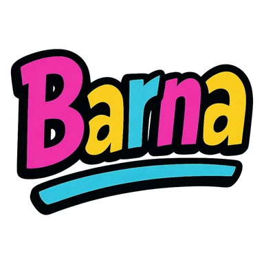 The name 'Barna' in a modern, colorful gradient font with dark outline, dynamic, slanted or partial underline, in the style of sample images. sticker