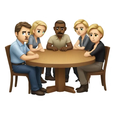 6 Caucasian people sitting around a table looking unhappy sticker