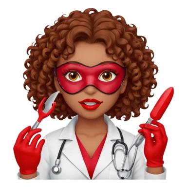 Lilith scalpel in hand, evil surgeon sexy surgeon clothes.  She has red eyes.  Hair is long. Hair is brown and curly hair. Wears sexy doctor outfit with red gloves. Covers mouth and neck mask  red sticker