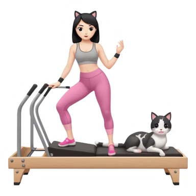 Create a Pilates emoji: a girl with fair skin and black hair, wearing a grey bra and grey leggings with pink pilates socks, doing cat-cow on a wooden reformer. Make it look at the reformer. Make the colors neutrals. sticker