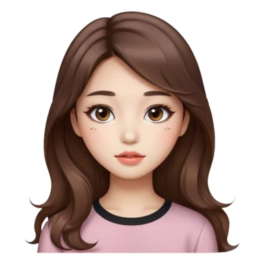 “korean straight brown hair Emoji girl, soft eyeliner and blush, gradient lips, light brown shimmer eyeshadow, long wavy hair,  sticker