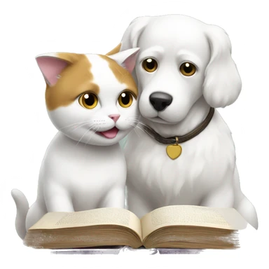 white cat and dog reading books together  sticker