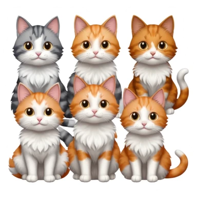 6 cats with different coloured coats, 2 are grey and white, 1 is grey with a little white, 1 calico, 1 brown tabby and white and one ginger and white sticker