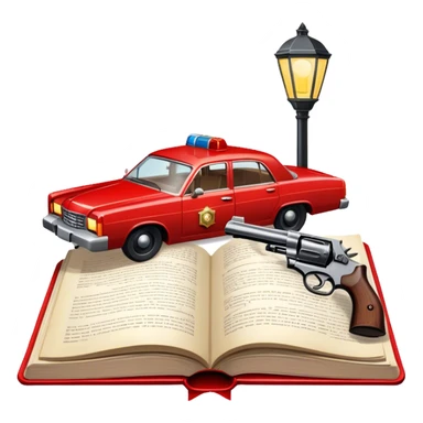 Icon for Action & Crime Reading: an open book with dramatic crime scenes—bullet holes on pages, a detective badge, a revolver and a getaway car. Surrounding elements include a flickering streetlight. Transparent background. sticker
