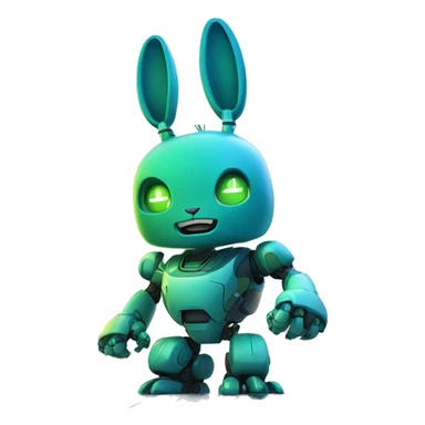  blue and green robot rabbit in a futuristic cityscape, with its fist raised against a backdrop of skyscrapers. sticker