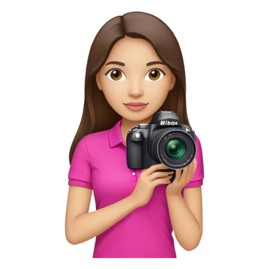 white latin woman with long brunette hair hot pink polo shirt and nikon camera sticker
