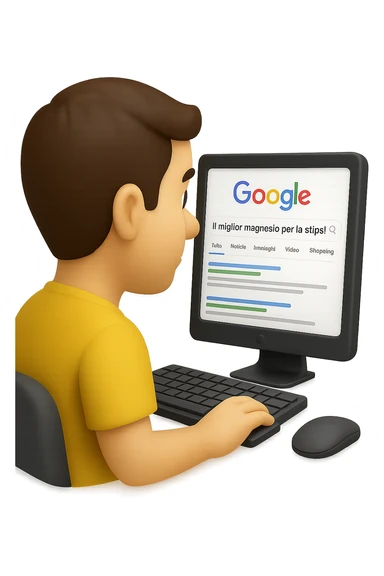 emoji stile iphone di un uomo davanti al pc che cerca di google: "Il miglior magnesio per la stipsi", iperrealistico 4k sticker