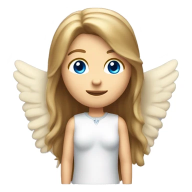 Caucasian brunette angel with long straight hair, dimples, big blue eyes, golden hoop halo over head and wings on back sticker