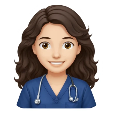 Long wavy dark brown hair with a navy blue scrub top with a gentlesmiling sticker
