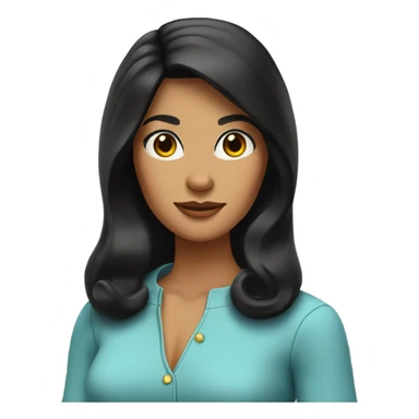 Tanned woman with long black hair wearing 1960s style outfit and hair sticker