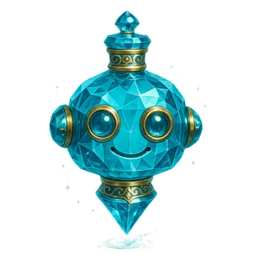 premium class crystal elixir bottle in the shape of a friendly robot head, cyan color, lots of shining, facets, ornaments, golden details, magical effects, very small golden collar, transparent background, beautiful merging base, clearly floating in the air, no base or shadow, very luxurious, playful, matching the collection sticker