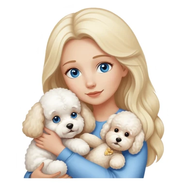 Blonde blue-eyed long-haired mother hugs two dogs-a Bichon Frise and a Teddy sticker