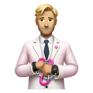 British bit in a white jacket, holding pink handcuffs  sticker
