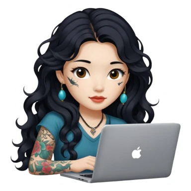 Beautiful girl with tattoos, with long black hair, wavy hair, Chinese with a laptop   sticker