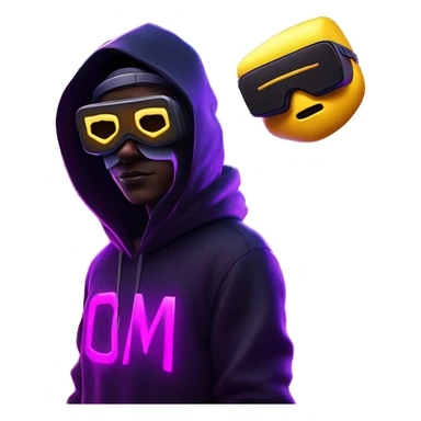 Ilon Mask wearing a black hoodie with "OMG" letters on it and VR headset oculus quest 2 in a cyberpunk VR environment with violet neon lighting. sticker