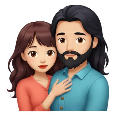 handsome asian man with long black hair and beard, hugging cute tan skin woman with long wavy reddish brown hair with bangs and coral lipstick sticker