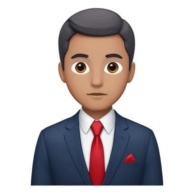 man wearing a dark blue-gray business suit with a white shirt and a red tie sticker