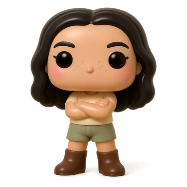 Funko Pop style vinyl figure, enhanced version: superior quality, smooth tanned skin, detailed dark hair, textured clothing with cream top and greige bottoms, dark greige leather boots clearly visible, arms crossed, rosy cheeks, very discreet freckles, mischievous and cheerful expression, no mouth, transparent background. sticker