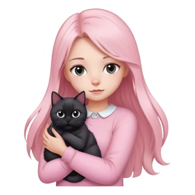 
girl with light long hair, grey eyes and fair skin in pink pastel clothes holds a black British cat in her arms sticker