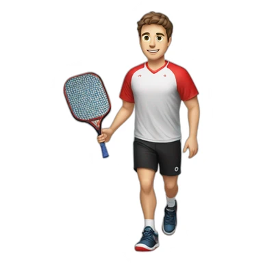 Young guy with brown hair playing pickleball full body red shirt black shorts solid black paddle sticker
