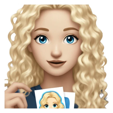 White girl with blue eyes and curly blonde hair holding a kpop photo card of newjeans sticker
