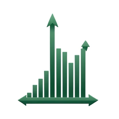 minimalist growth chart with white bars and dark green shadows and details, dark green arrow, white background, iOS emoji style, no faces or smileys sticker