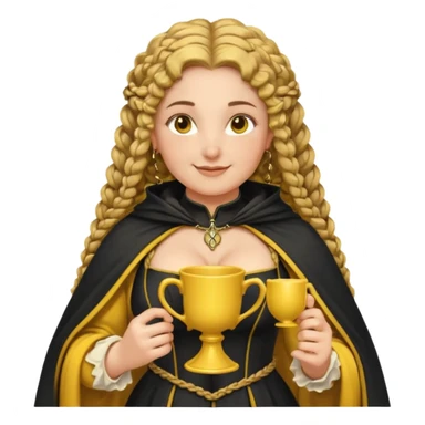 Helga Hufflepuff, 2 curly thick brown braids, yellow-black medieval dress, black cloak decorated with gold braiding, tiny two-handled shiny yellow-gold cup, very kind smile, curvy busty sweet woman, thick rosy cheeks sticker