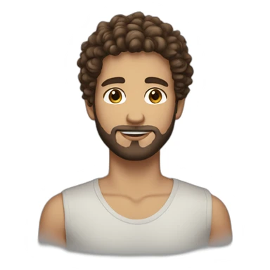 White boy, brown eyes, curly and brown hair on the top and short on the sides, and beard sticker