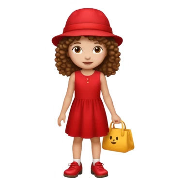 icon of a little girl with curly brown hair, light skin, red dress, red hat, brown shoes, emoji style sticker