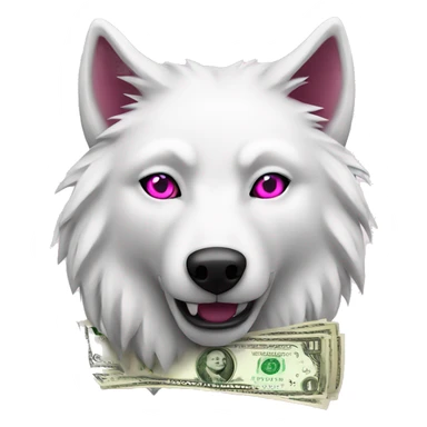 white wolf with dark pink eyes around money sticker