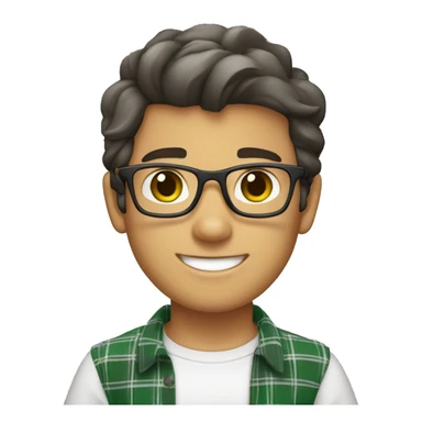 Draw a boy wearing glasses, a white t-shirt, a black and gray plaid shirt, smiling, white skin color, green eyes, and a nice hairstyle called “curtains” (dark hair). sticker