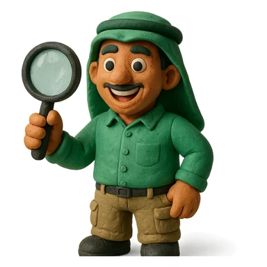 Create a realistic emoji character named Master Hunt. He is a Saudi young adult ,a button-up shirt and cargo pants. In one hand, he holds a magnifying glass, and he has an enthusiastic smile on his face. The background should be transparent , positive work culture. sticker