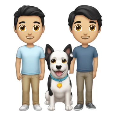 gay-couple,-1-guy-straight-black-hair-and-1-australian-white-guy-with-blackhair-slightly-curly-holding-a-dog sticker