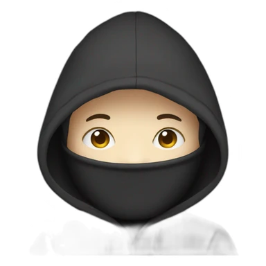 programmer with hoodie hood, no face and a laptop. Black hoodie and white face sticker