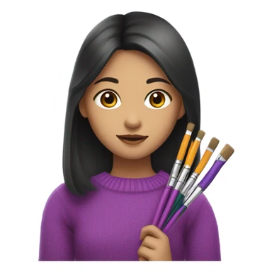 Half Asian girl in bright purple sweater holding paintbrushes and pencils sticker