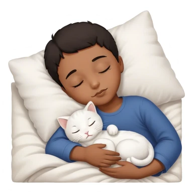 Little brown boy, black short hair sleeping with white kitty sticker