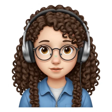 brunette kid with unique face features and very curly long hair kid girl neutral and very big nose and ears and dark eyes with freckles kind of nerd looking and headphone wearing no glassess just nose piercing very big one and evebrow piercing sticker