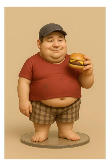 Сгенерируй в таком же стиле, на такой же подставке, толстяка в красной футболке немного грязной, кепке, клетчатых шортах. Из под футболки виднеется пузо. А в руках бургер, лицо обычное. sticker