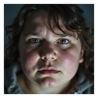 Close-up of obese woman with a lost gaze, tired eyes, furrowed brow, blurred or double exposure effect suggesting mental confusion, hyperrealistic 4K details. sticker