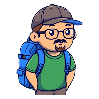adventurer with goatee beard (no beard on cheeks), short hair, glasses, backwards baseball cap and backpack sticker