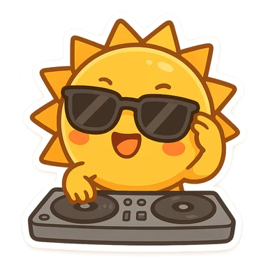 The Sun as a DJ, wearing sunglasses, playful and energetic, cartoon style, vibrant colors, chibi stickers style sticker