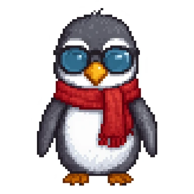 Add a red scarf to the penguin in pixel art style, with no background. Maintain the pixel art aesthetic and details. sticker