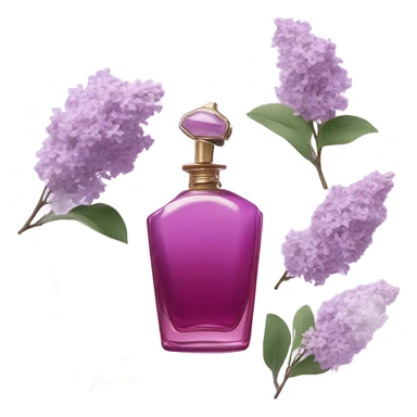 Aesthetic arrangement of pale violet lilacs with a retro-style deep pink perfume bottle.
 sticker