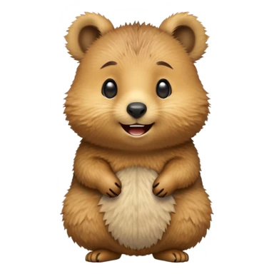 cinematic-quokka-realistic-emoji -hunched-over-emoji,-small-round-frame-balanced-on-tiny-strong-hind-legs,giant-fluffy-cheeks-large-smile-fluffy-brown-fur-radiating-a-warm-softness,-big-round-eyes-filled-with-joy, realistic emoji sticker