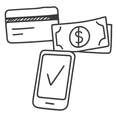 hand drawn outline icons of payment methods: credit card, cash, phone sticker