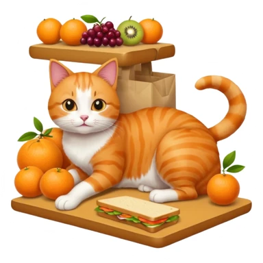 Cat in a grocery store on the floor with fruit and sandwiches  sticker