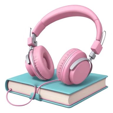  pink pair of modern headphones resting on top of a closed book, soft shadows, realistic style, calm and cozy mood, isolated on transparent background sticker