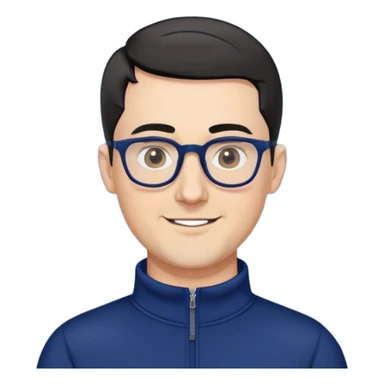 Caucasian man with very short black hair (close-cropped buzz cut), short beard with gray streaks, large black eyeglasses, cheerful expression, navy blue long sleeve sweatshirt with quarter zip sticker