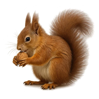 realistic red squirrel with clear fur texture cracking a nut, no background sticker