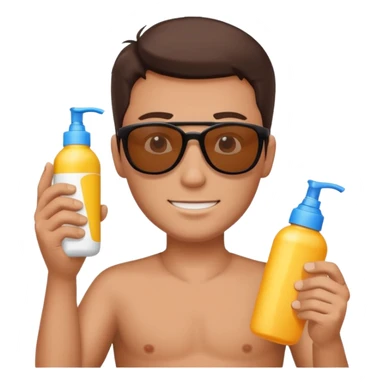 
male brunet suncream bottle and sunglasses, with sun burned sticker